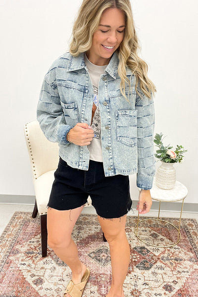 Chic Women's Casual Beau Blue Jacket with Checkered Patchwork for Effortless Everyday Style and Comfort