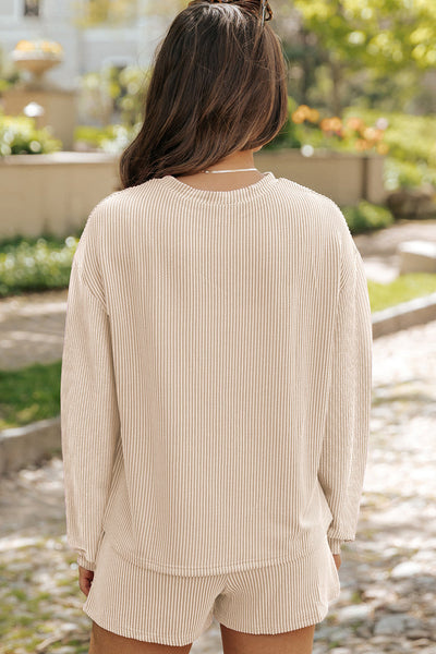 Chic Women's Parchment Corded Knit Long Sleeve Top & High-Waisted Shorts Set - Cozy Loungewear for Effortless Style
