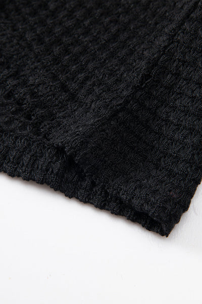 Cozy Women's Black Waffle Knit Long Sleeve Top with Drop Shoulders - Relaxed Casual Essential for Everyday Style