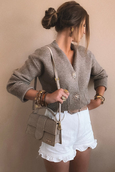 Stylish Women's Taupe V-Neck Cardigan Sweater with Metal Buttons - Comfortable Loose Fit for Every Occasion