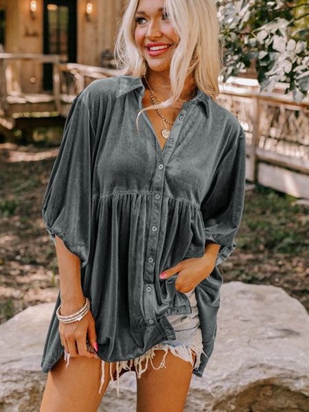 Velvety Dark Grey Babydoll Tunic with 3/4 Sleeves