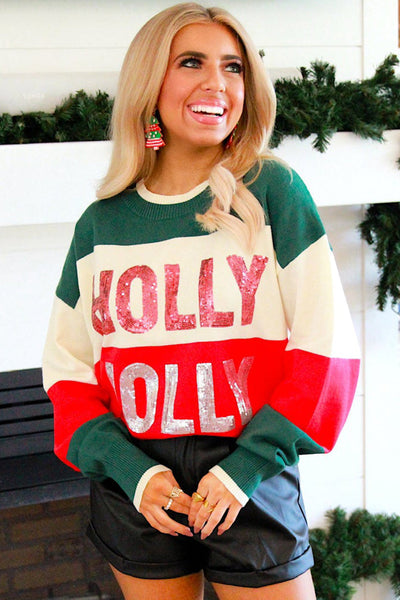 Festive Women's Green Sequined Crew Neck Sweater - HOLLY JOLLY Color Block Design for Style and Cozy Comfort