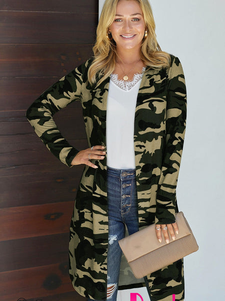Women's Green Camo Print V-Neck Cardigan in Cardigans
