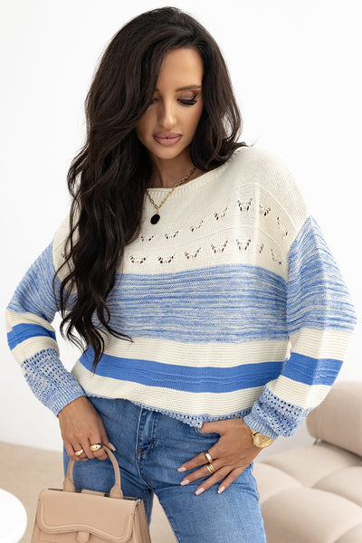 Light Blue Puff Sleeve Sweater for Women - Chic Open Stitch Knit Top for Casual Style and Everyday Comfort