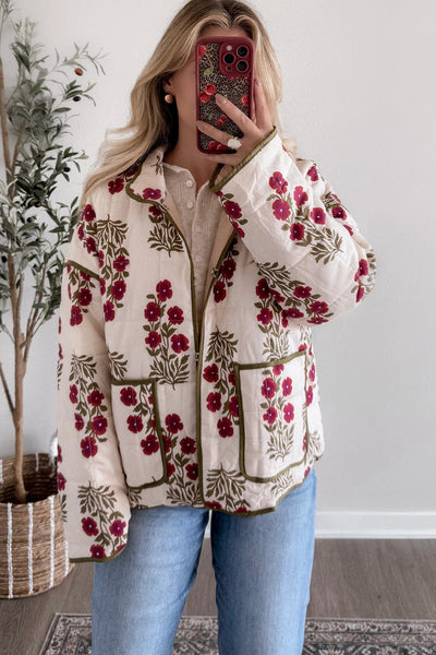 Cozy Women's Red Floral Quilted Winter Jacket with Contrast Trim - Stylish Outerwear for Cold Weather Adventures made for easy styling and wardrobe