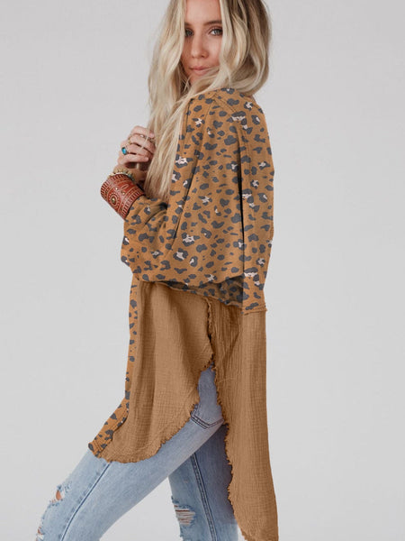 Leopard Patchwork Oversized Brown Blouse with Raw Hem