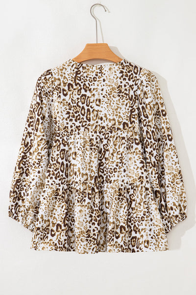 Chic Women's Khaki Leopard Print Long Sleeve Blouse with Beaded V-Neck Tie - Perfect for Casual or Dressy Occasions