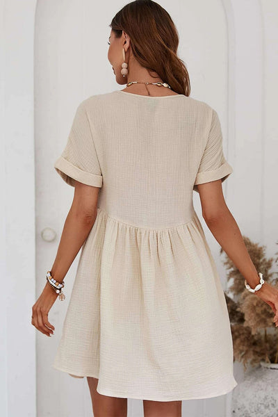 Solid V-Neck Short Sleeve Mini Dress