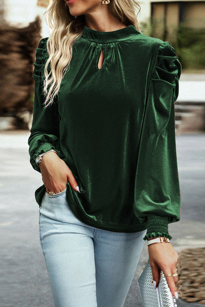 Luxurious Green Velvet Puff Sleeve Blouse with Mock Neck
