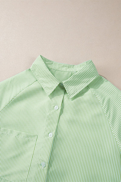 Women's Grass Green Pinstripe Button-Up with Smocked Cuffs