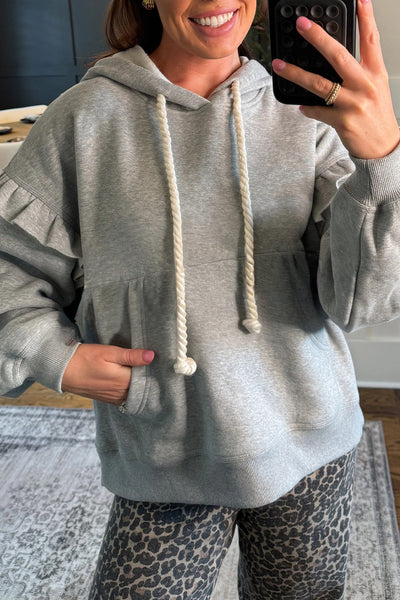 Women's Heather Gray Ruffle Shoulder Hoodie Sweatshirt