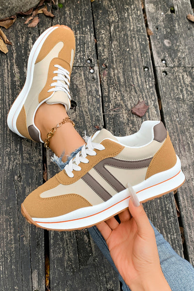 Women's Camel and Coffee Color Block Lace-Up Sneakers