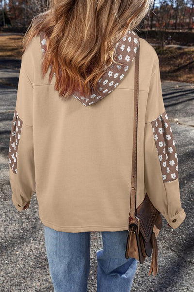 Women's Apricot Floral Patchwork Hoodie with Star Design and Adjustable Drawstring - Casual and Stylish Pullover