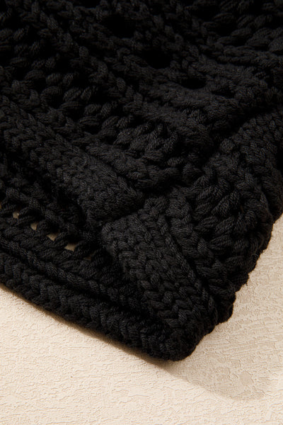 Chic Women's Black Cropped Hollow-Out Cable Knit Sweater - Lightweight Fall & Winter Fashion Essential