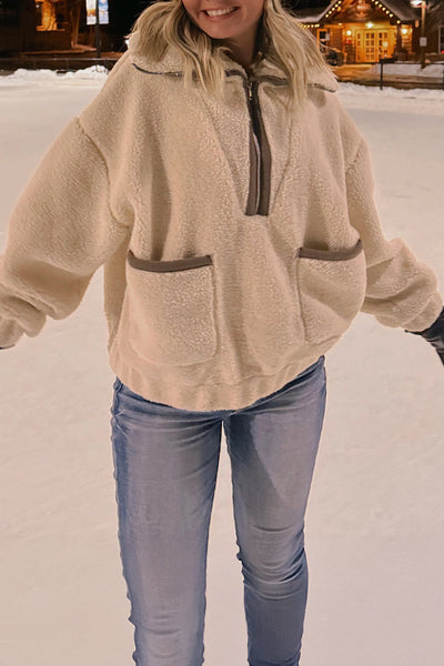 Cozy Beige Women's Fleece Half-Zip Sweatshirt with Pockets - Casual Style for Everyday Comfort and Warmth