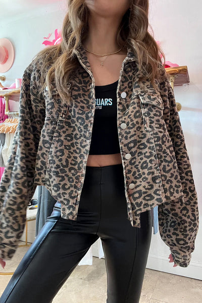 Trendy Women's Dark Khaki Leopard Print Corduroy Jacket with Irregular Hem and Chic Button Details for Effortless Style