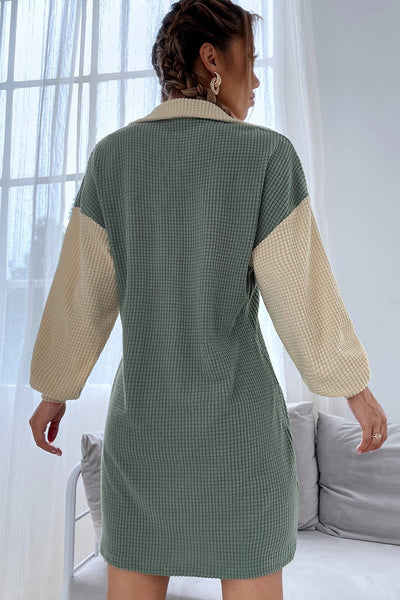 Trendy Women's Long Sleeve Green Bay Color Block Mini Dress with Lattice Texture and Button Collar for Chic Style