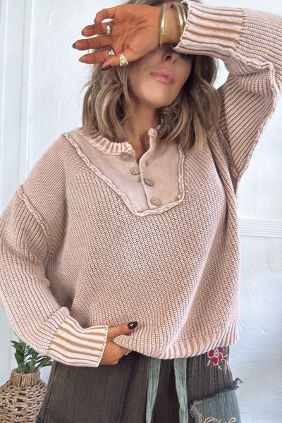 Cozy Women's Parchment Textured Patchwork Sweater with Button Neck & Drop Shoulder - Stylish Fall Essential