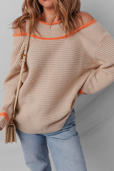 Cozy Women's Parchment Cold Shoulder Sweater with Contrast Trim & Patchwork Design - Relaxed Fit Knit Top
