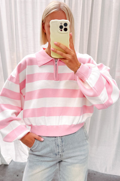 Effortless Casual Women's Pink Striped Sweater with Zipped Collar & Drop Shoulder for Ultimate Comfort and Style
