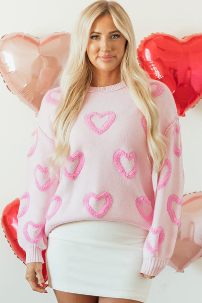 Trendy Women's Pink Heart Print Baggy Sweater with Bubble Sleeves - Cozy and Comfortable for Casual Outings
