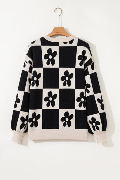 Women's Floral Checkerboard Henley Sweater in Soft Viscose Blend