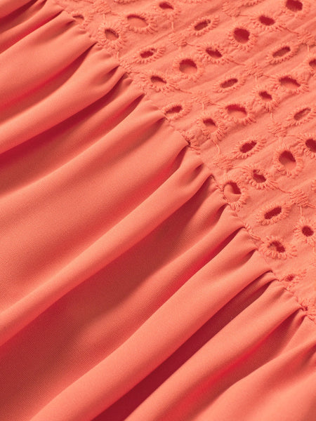 Elegant Eyelet Babydoll Dress with Carrot Contrast Bodice