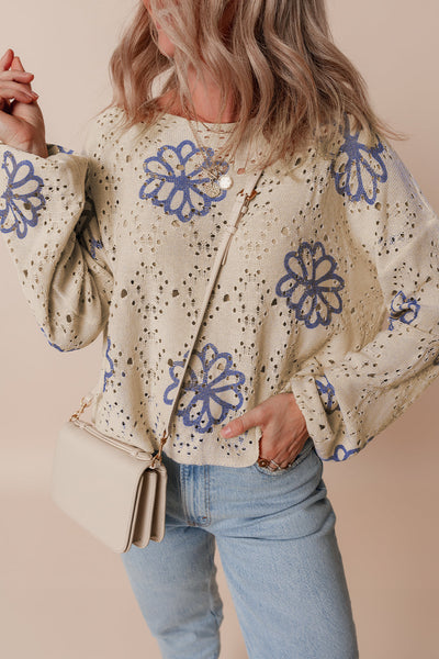 Chic Women's Beige Eyelet Sweater with Floral Print & Drop Shoulder Design for Effortless Casual Style