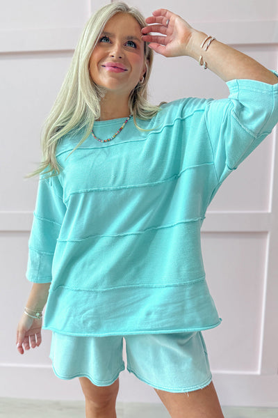 Mint Green Women's 3/4 Sleeve T-Shirt with Lace-Up Shorts Set - Trendy Summer Casual Outfit for Effortless Style