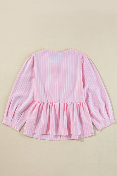 Trendy Women's Pink Striped Puff Sleeve Blouse with Bowknot Detail - Chic Crew Neck Top for Stylish Casual Looks