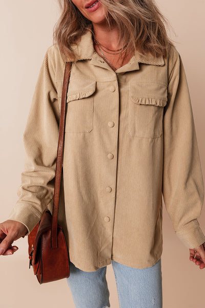 Women's Light Beige Corduroy Shacket with Frilled Pockets - Chic Button-Up Jacket for Casual Fall Fashion