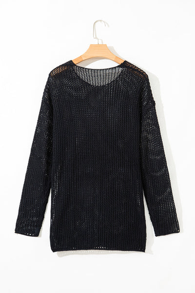 Cozy Women's Black Crochet Pullover Sweater - Stylish Openwork Knit for Effortless Chic Look and Comfort