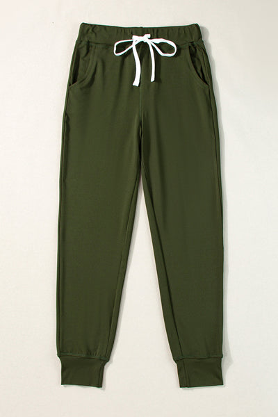 Women's Comfortable Moss Green Joggers with Drawstring, Elastic Waist, and Pockets - Casual Everyday Style