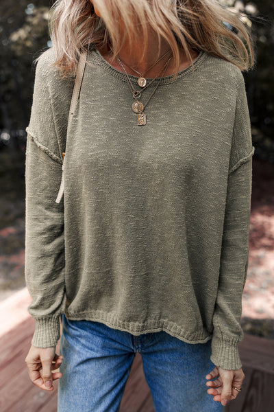 Cozy Women's Green Four Leaf Clover Drop Shoulder Sweater with Raw Hem - Perfect for Casual Everyday Wear