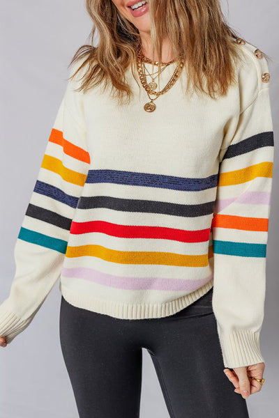 Chic White Striped Drop Shoulder Sweater for Women with Button Detail - Cozy Casual Knitwear for Effortless Style