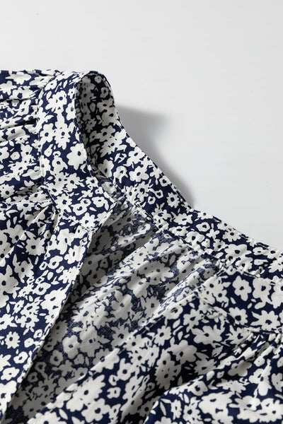 stylish women's blue floral puff sleeve blouse with notched v-neck - comfortable summer top for effortless chic made for easy styling and wardrobe