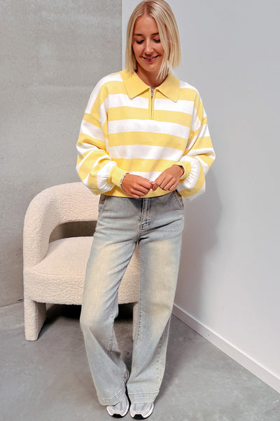 Effortless Casual Women's Yellow Striped Zipped Sweater with Drop Shoulders for Ultimate Comfort and Style