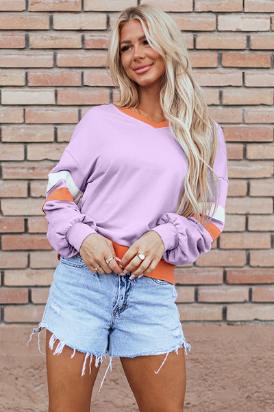 Orchid Bouquet Women's Cozy V-Neck Sweatshirt - Contrast Rib Knit, Drop Shoulder, Effortlessly Chic Patchwork Style