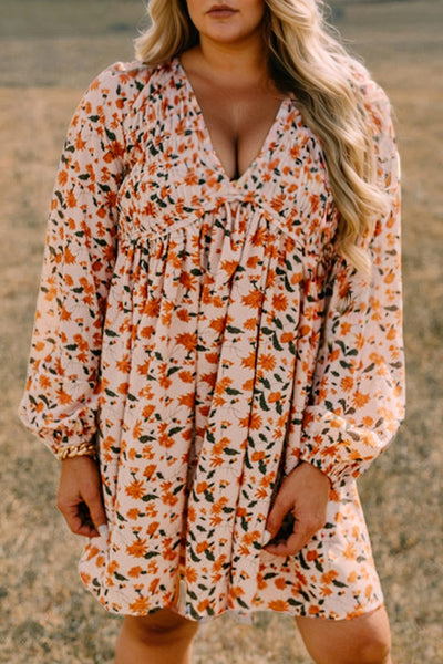 Beige Plus Size Floral Babydoll Dress for Women - V-Neck, Long Sleeve, Flowy Style Perfect for Casual or Party Events