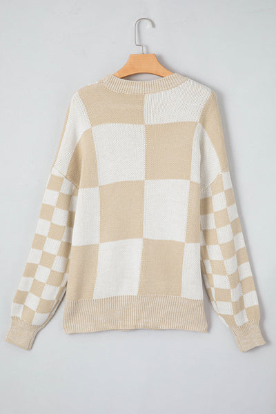 Cozy Women's Flaxen Checkered Drop Shoulder Knit Sweater - Stylish, Soft Fit for Casual Chic Looks