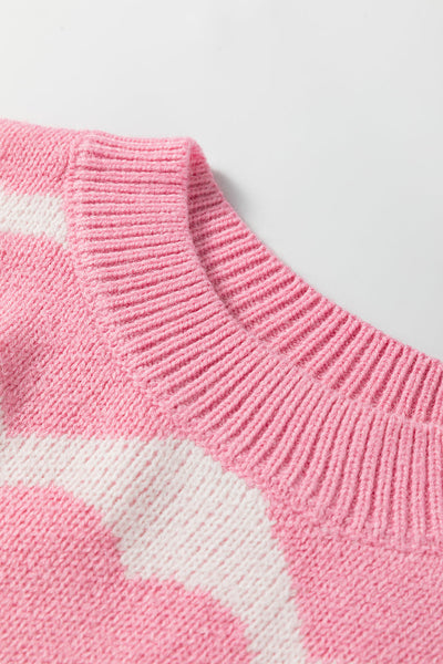 Women's Strawberry Pink Heart Print Knit Sweater | Drop Shoulder Top