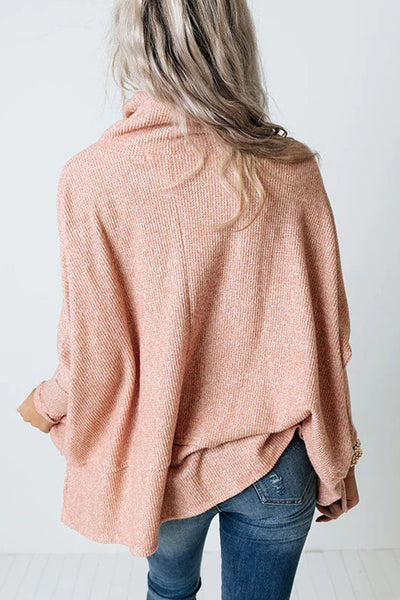 Stylish Apricot Pink Oversized Cowl Neck Knit Top for Women with Side Slits and Cozy Drawstring Detail