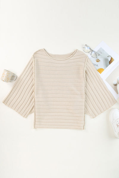 Cozy Women's Apricot Ribbed Knit Dolman Sweater with Exposed Seams - Stylish Everyday Essential for Effortless Chic