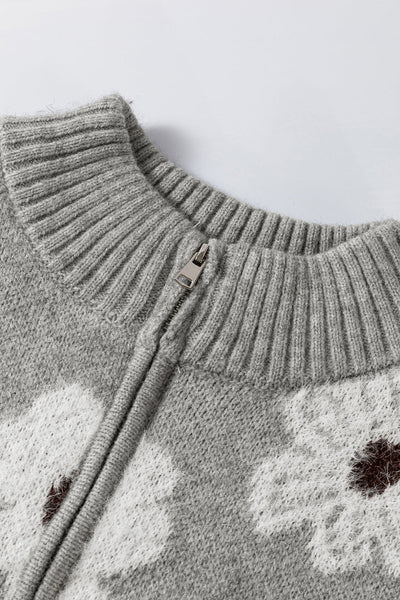 Cozy Women's Gray Floral Half-Zip Sweater - Chic Drop Shoulder Knit Pullover for Effortless Casual Style