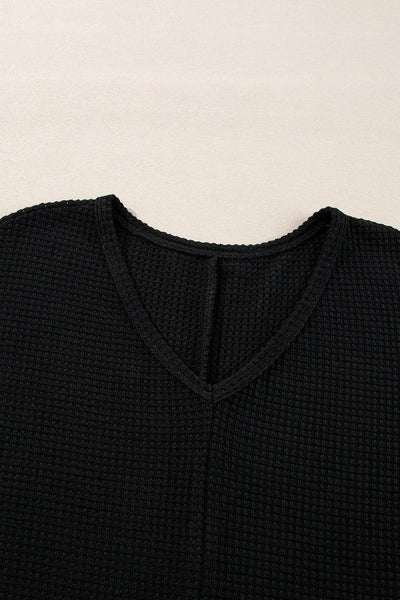Women's Black Waffle Knit V-Neck Top with Side Slits - Relaxed Fit Casual Tee for Effortless Everyday Style