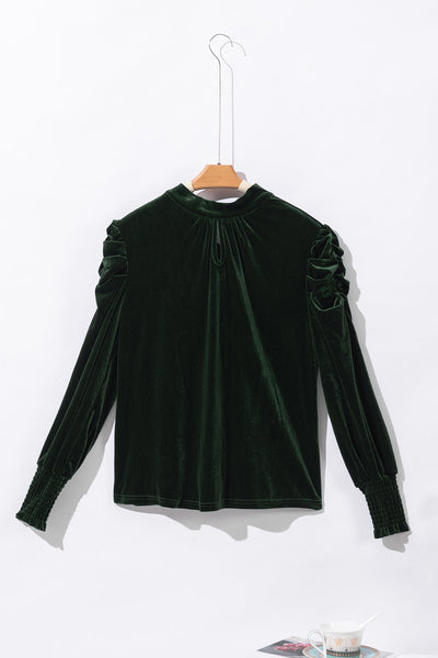 Elegant Women's Blackish Green Velvet Blouse with Mock Neck, Puff Sleeves - Stylish & Comfortable Fashion Top