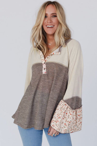 Women's Stylish Floral Patchwork Henley Top in Goat Colorblock with Flared Sleeves Chic & Comfortable Casual Blouse