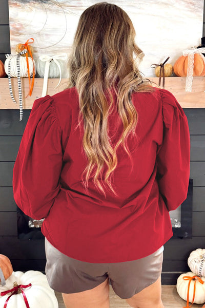 Plus Size Women's V-Neck Racing Red Blouse with Leopard Trim and Long Puff Sleeves Chic & Comfortable Fashion Top