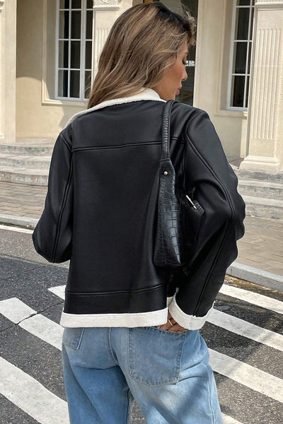 Chic Women's Black Faux Fur Trim Leather Jacket - Stylish, Warm Outerwear for Trendy Winter Fashion