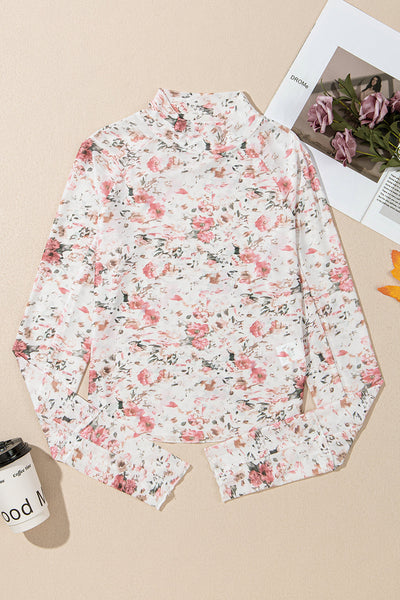 Elegant Women's Pink Floral Long Sleeve Mesh Top - High Neck Design for Versatile Spring Style and Comfort